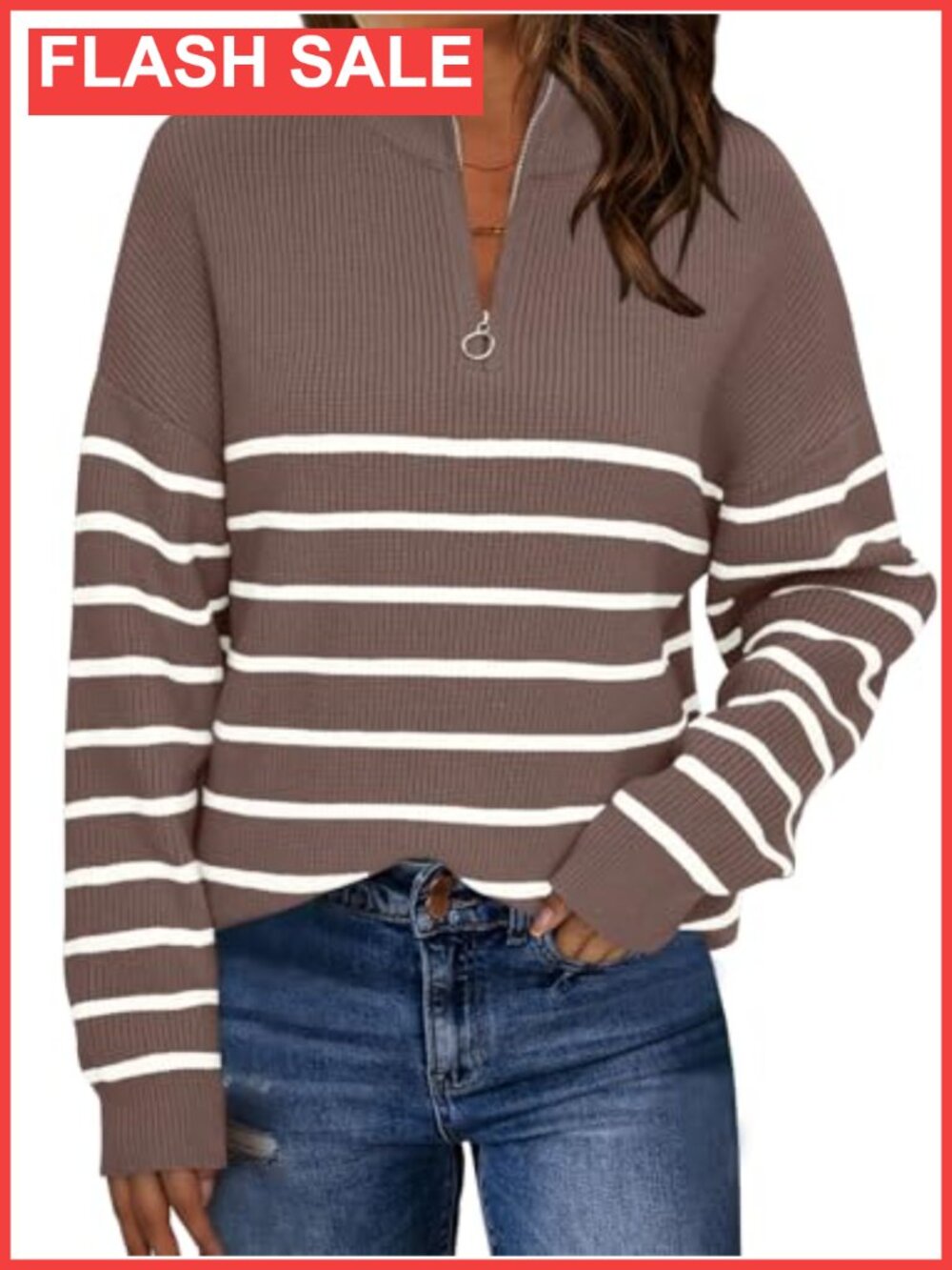 Quarter Zip Striped Oversized Viscose Blend Pullover Sweater